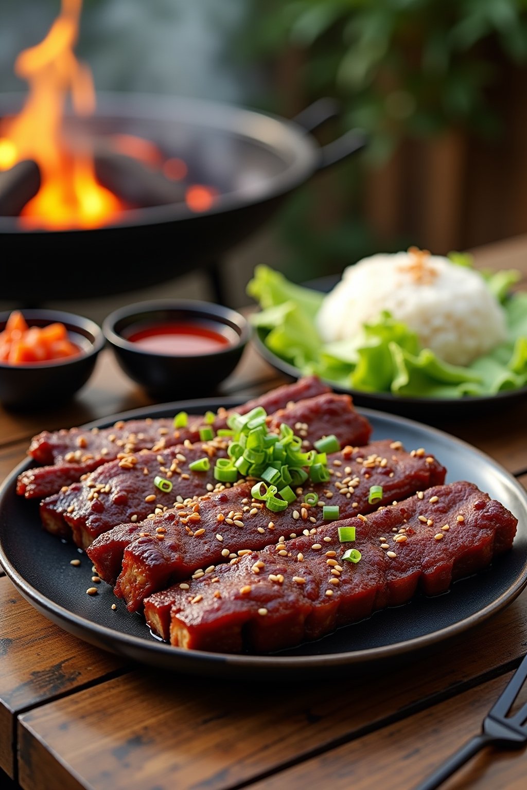 A platter of glossy caramelized korean galbi short ribs on a black stoneware plate on an outdoor wooden table, deep mahogany char with visible bone cross-sections in the meat strips, sprinkled with...