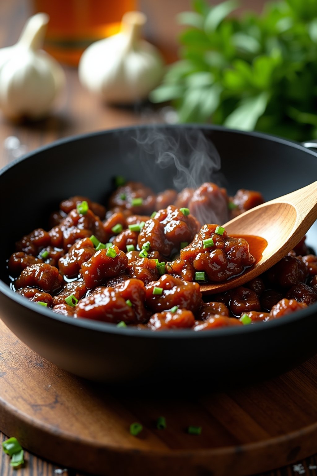 Close-up of a wooden spoon stirring ground beef in a black skillet with bubbling glossy soy-sesame glaze, garlic and ginger visible, steam rising.