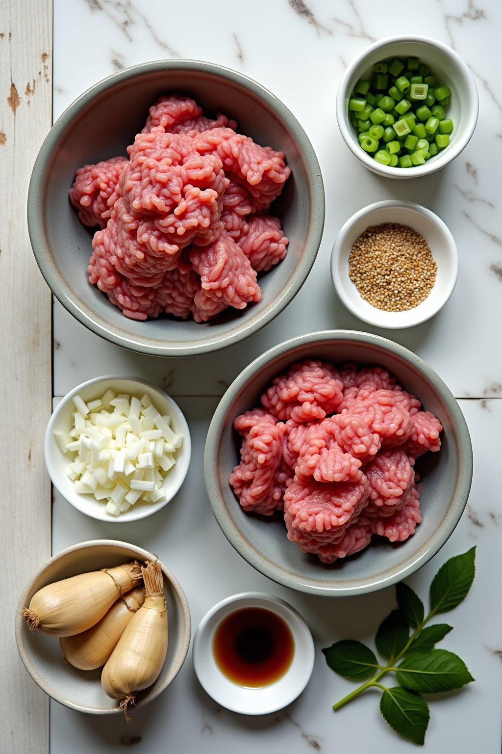 Overhead flat lay of bowl ingredients on a marble counter: raw ground beef in a bowl, small ramekins of soy sauce, brown sugar, sesame oil, gochujang, fresh garlic and ginger root, sliced green oni...