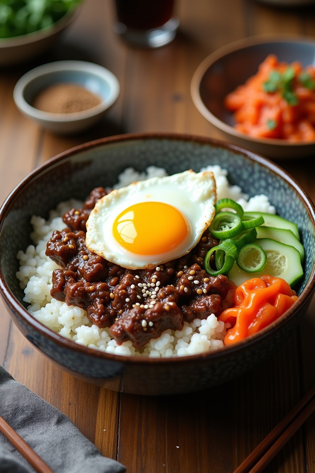 A deep ceramic bowl filled with white rice topped with glossy caramelized ground beef, a sunny-side-up egg with a runny yolk, sliced cucumber, sesame seeds, and chopped green onions, with kimchi on...