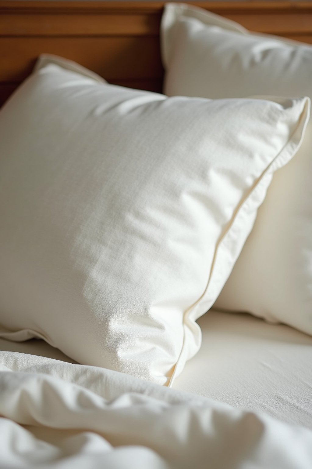 Close-up of linen bedding in soft white with natural texture visible