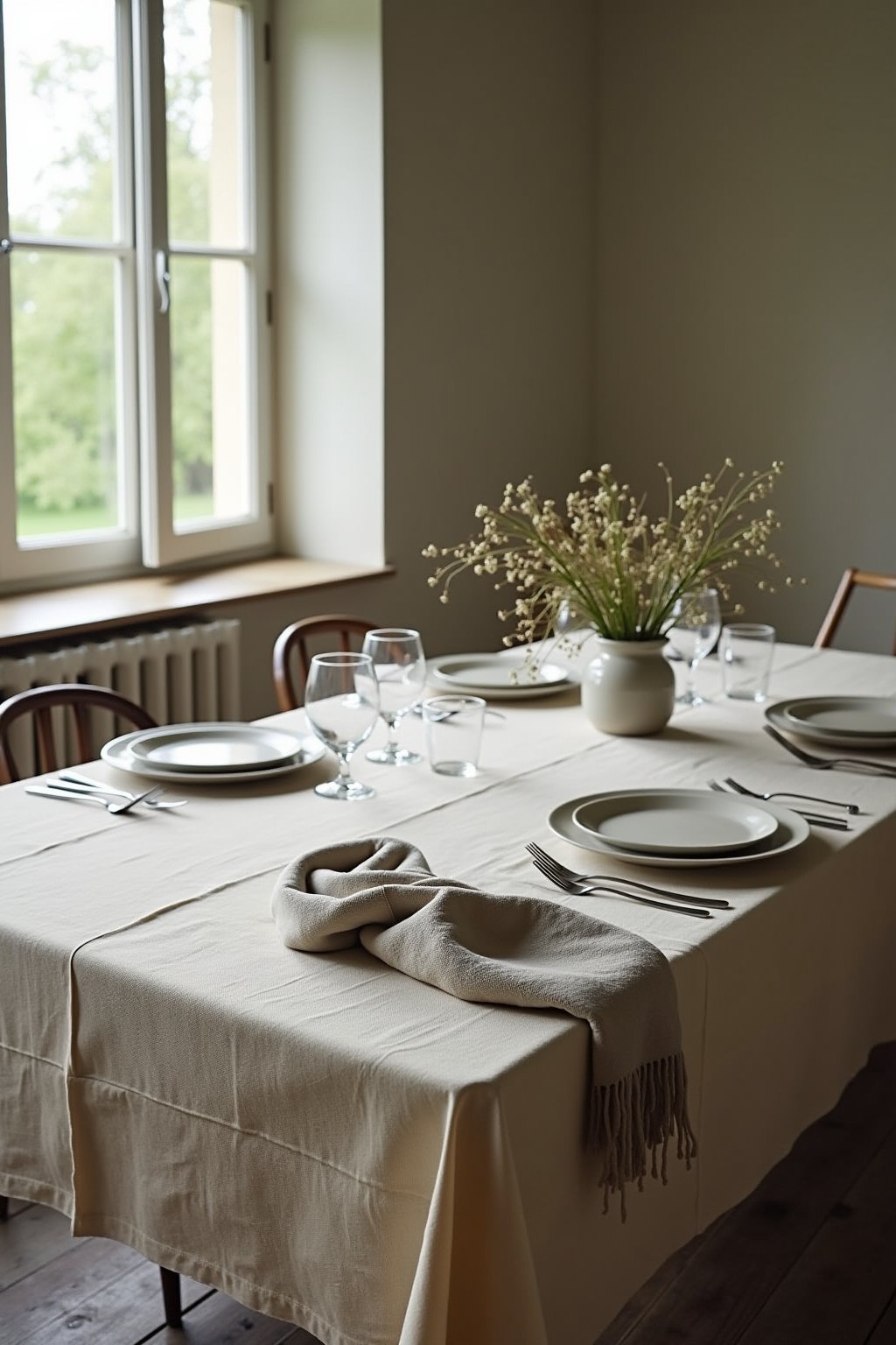 A dining table set with an oversized oatmeal linen tablecloth