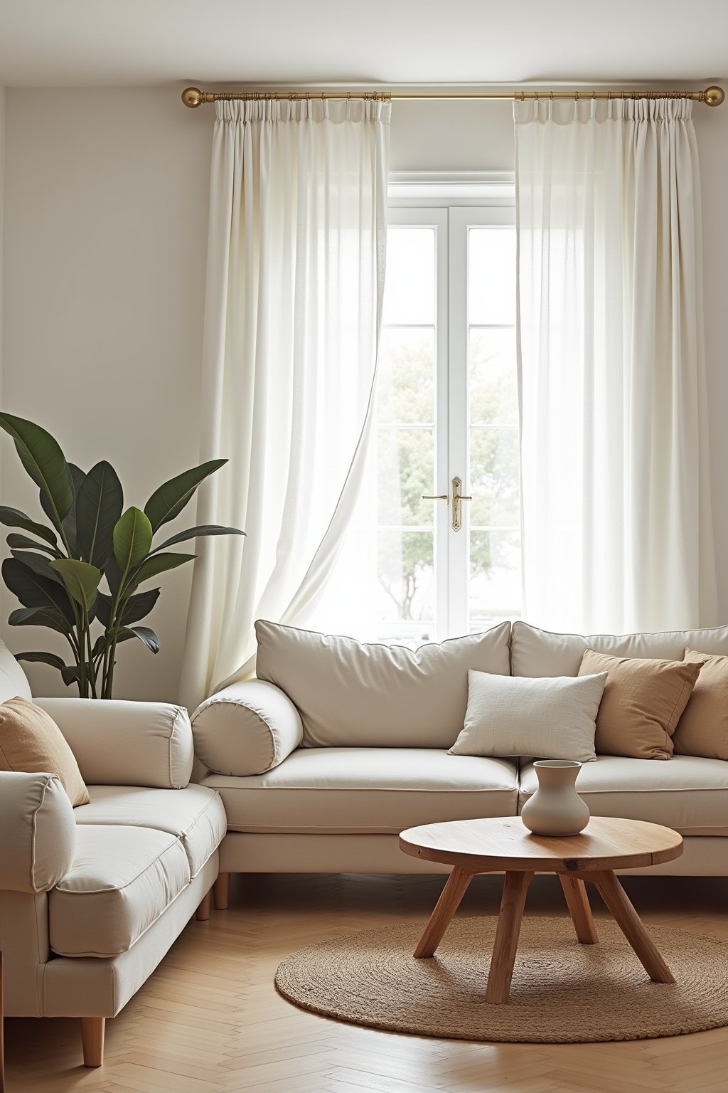 A bright airy living room with white linen curtains pooling on light oak hardwood floors