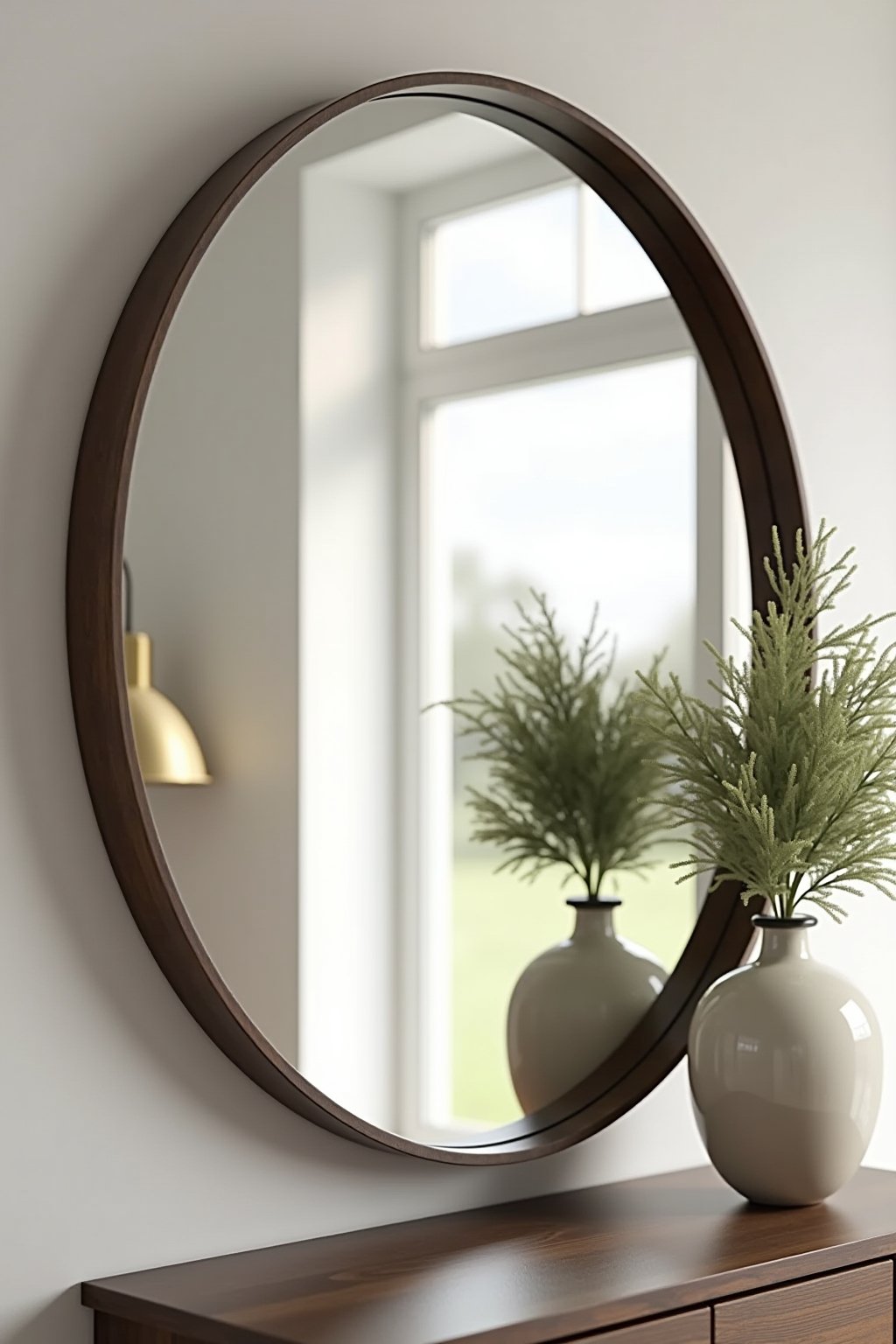 Close-up of a large round mirror on a wall reflecting a window and natural light