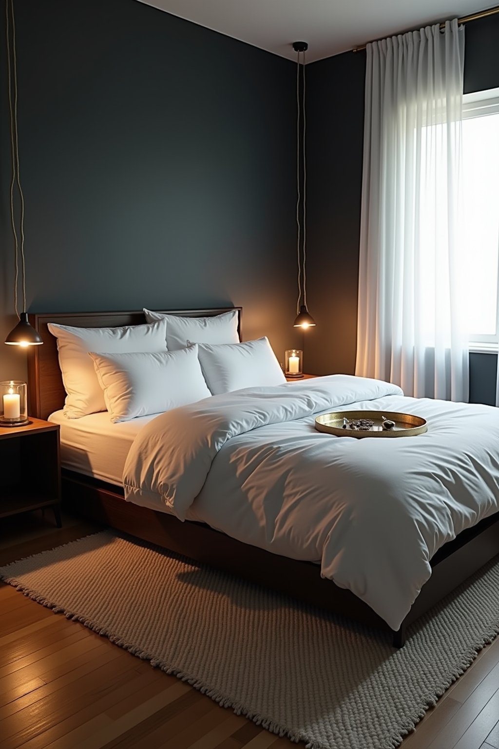 A dark bedroom made bright with white bedding on a dark bed frame