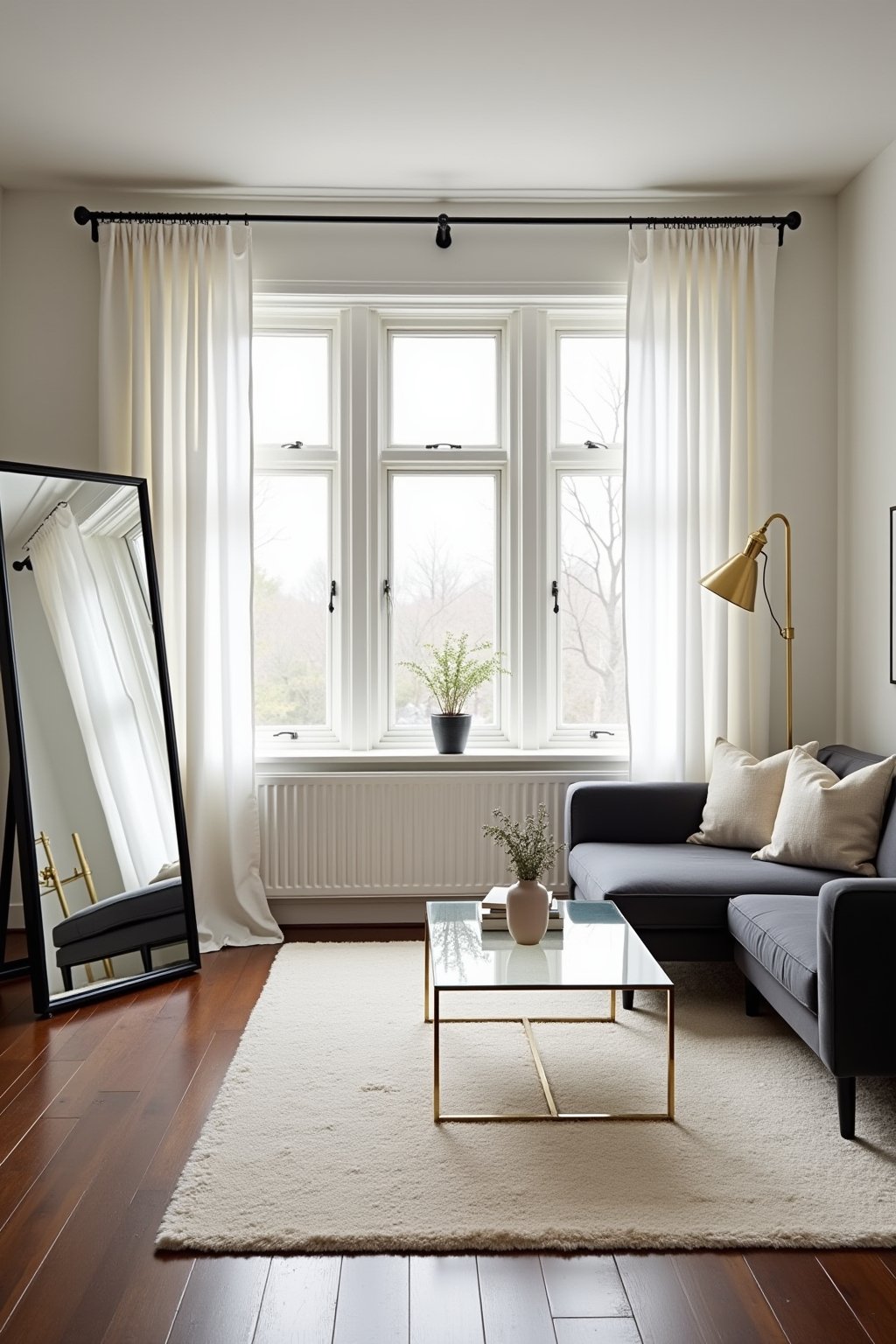 A bright north-facing living room with a large leaning floor mirror opposite the window reflecting natural light