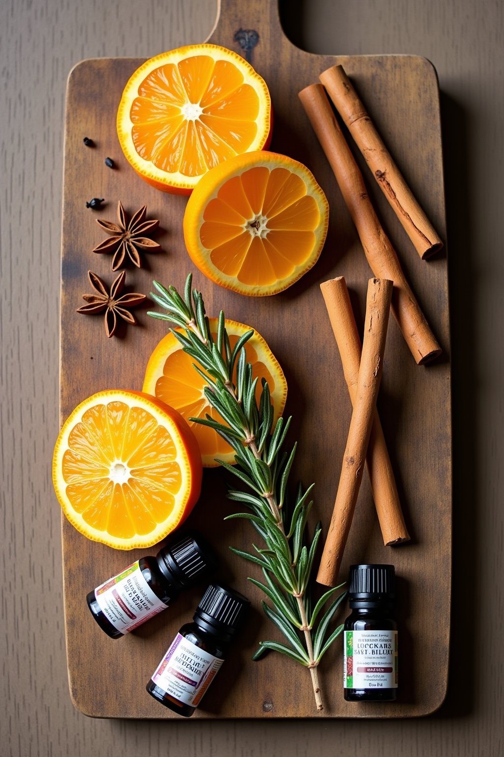 Flat lay of natural home fragrance ingredients on a rustic wooden cutting board: sliced oranges