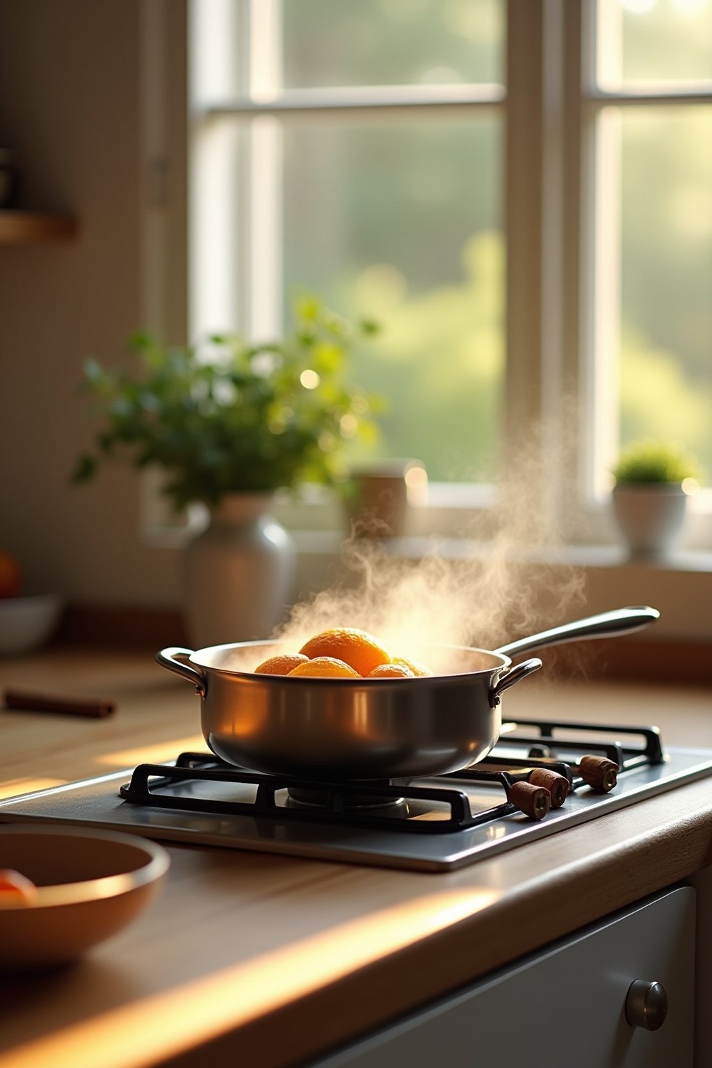 Wide shot of a cozy bright kitchen with a small saucepan on the stove containing orange slices and cinnamon sticks simmering