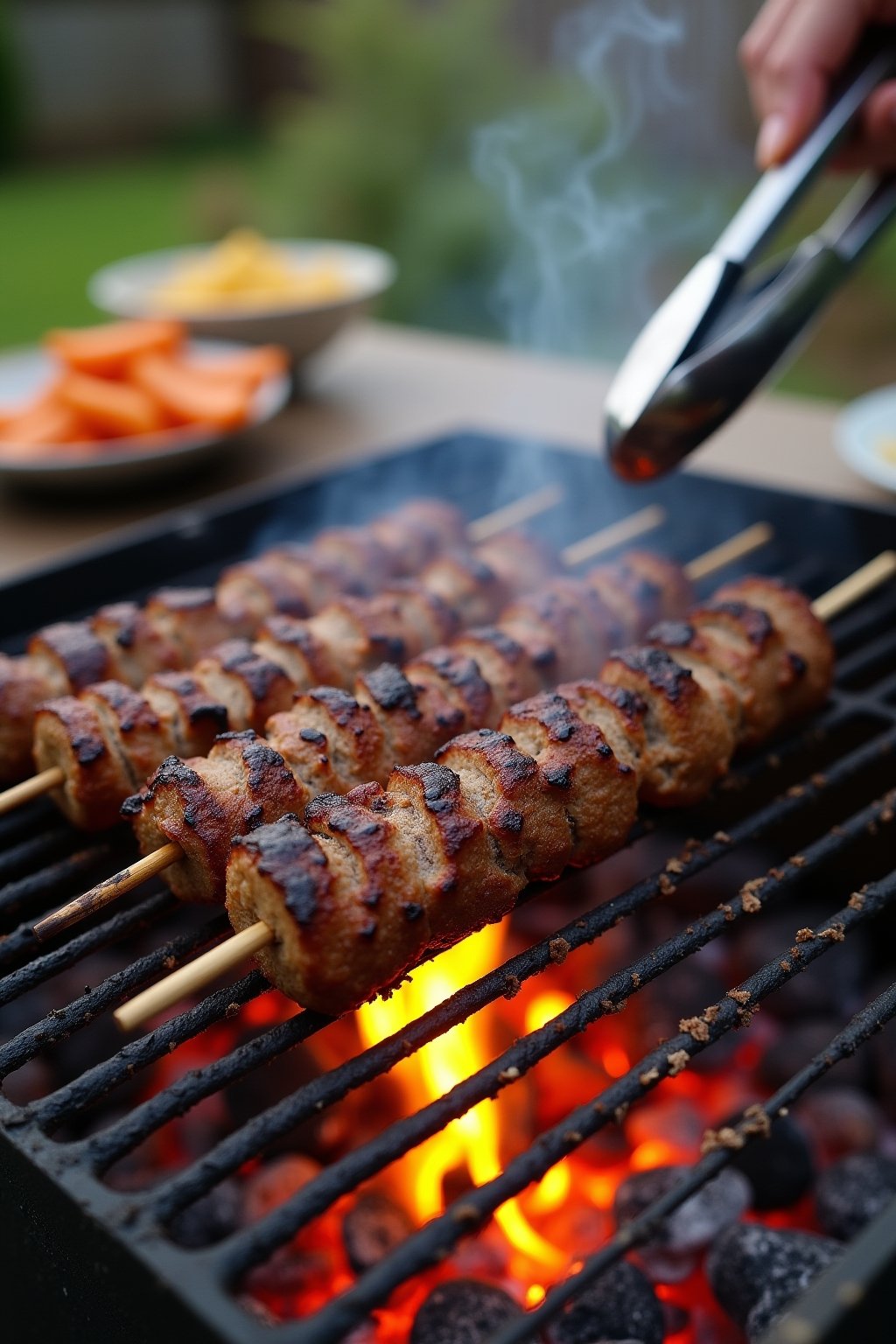 Close-up of lamb kofta kebabs cooking on hot charcoal grill grates, flat skewers with long logs of spiced ground lamb, dark charred crust forming, visible flames and glowing embers below, tongs tur...