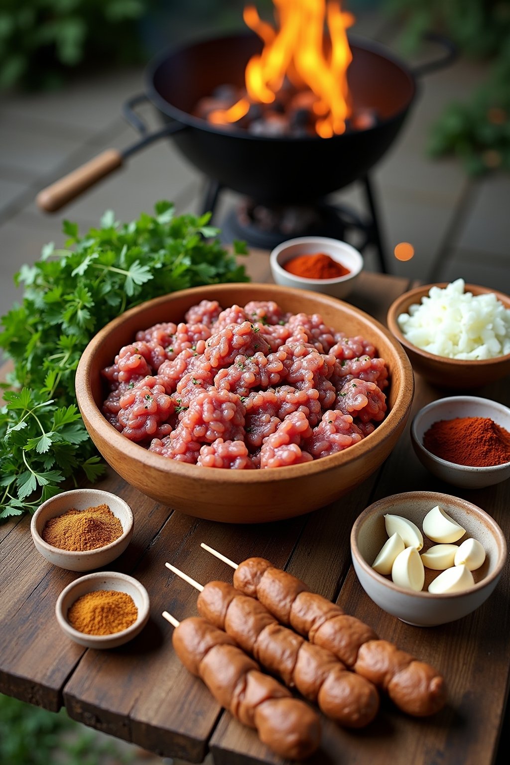Overhead flat lay on a wooden outdoor table: a large bowl of seasoned raw ground lamb mixture, grated onion, bunches of fresh parsley and mint, small bowls of ground cumin, coriander, allspice, cin...