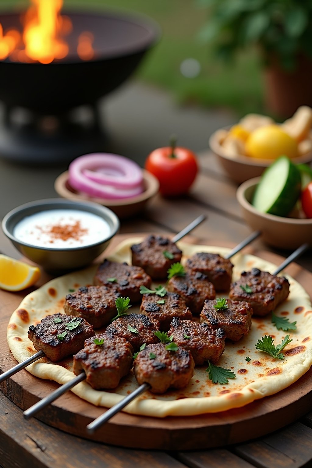 A platter of grilled lamb kofta kebabs on flat metal skewers arranged on warm flatbread on a rustic outdoor table, deeply charred spiced lamb with fresh parsley sprinkled on top, a small bowl of cr...