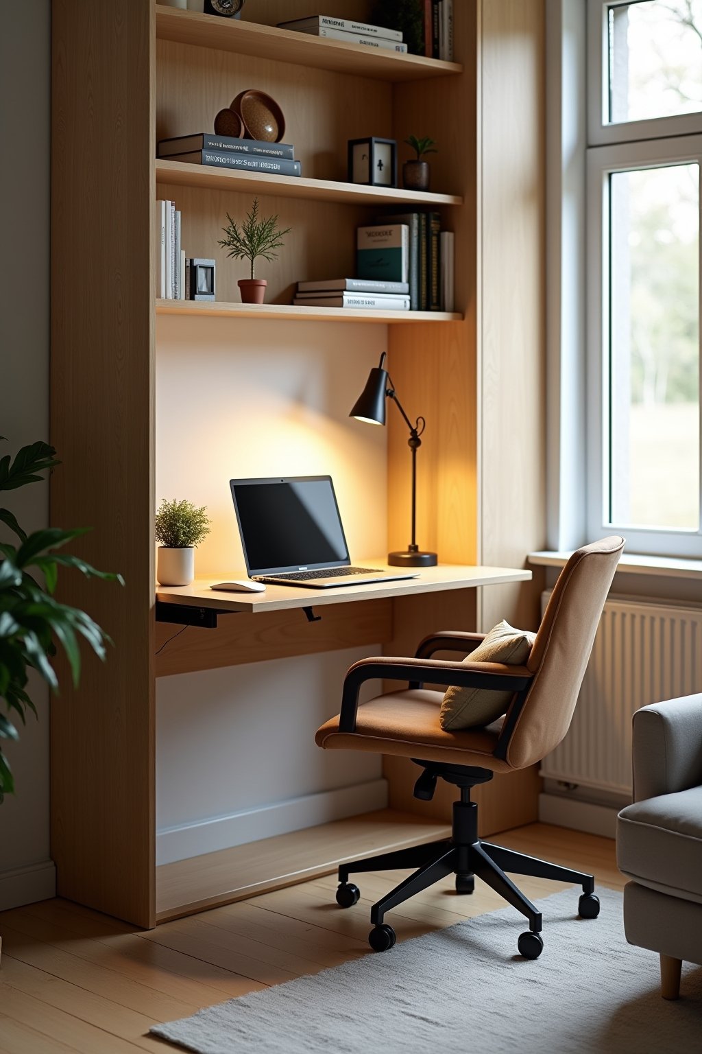 A of a fold-down wall desk in a living room corner