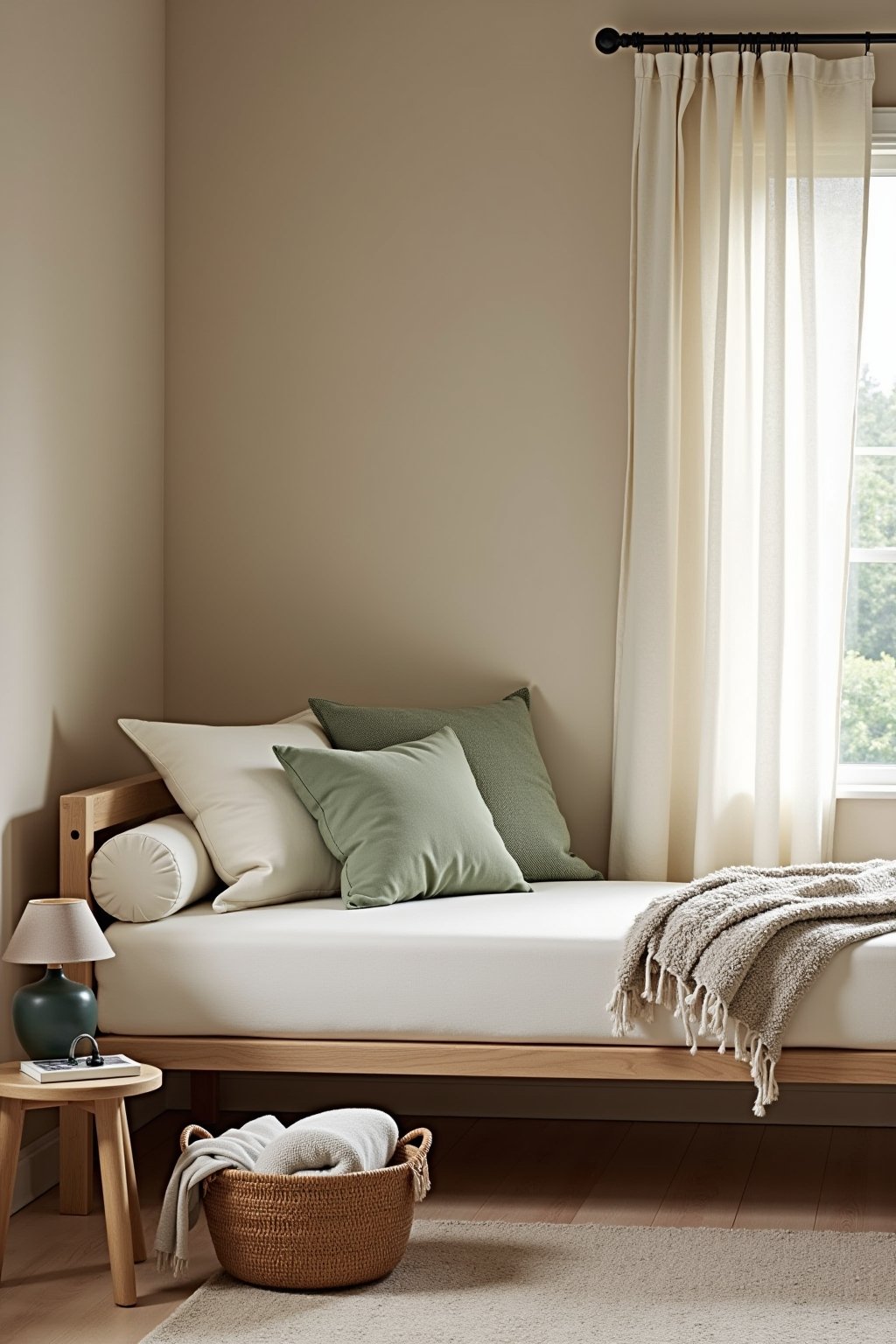 A daybed styled as a sofa with cream and sage throw pillows during the day