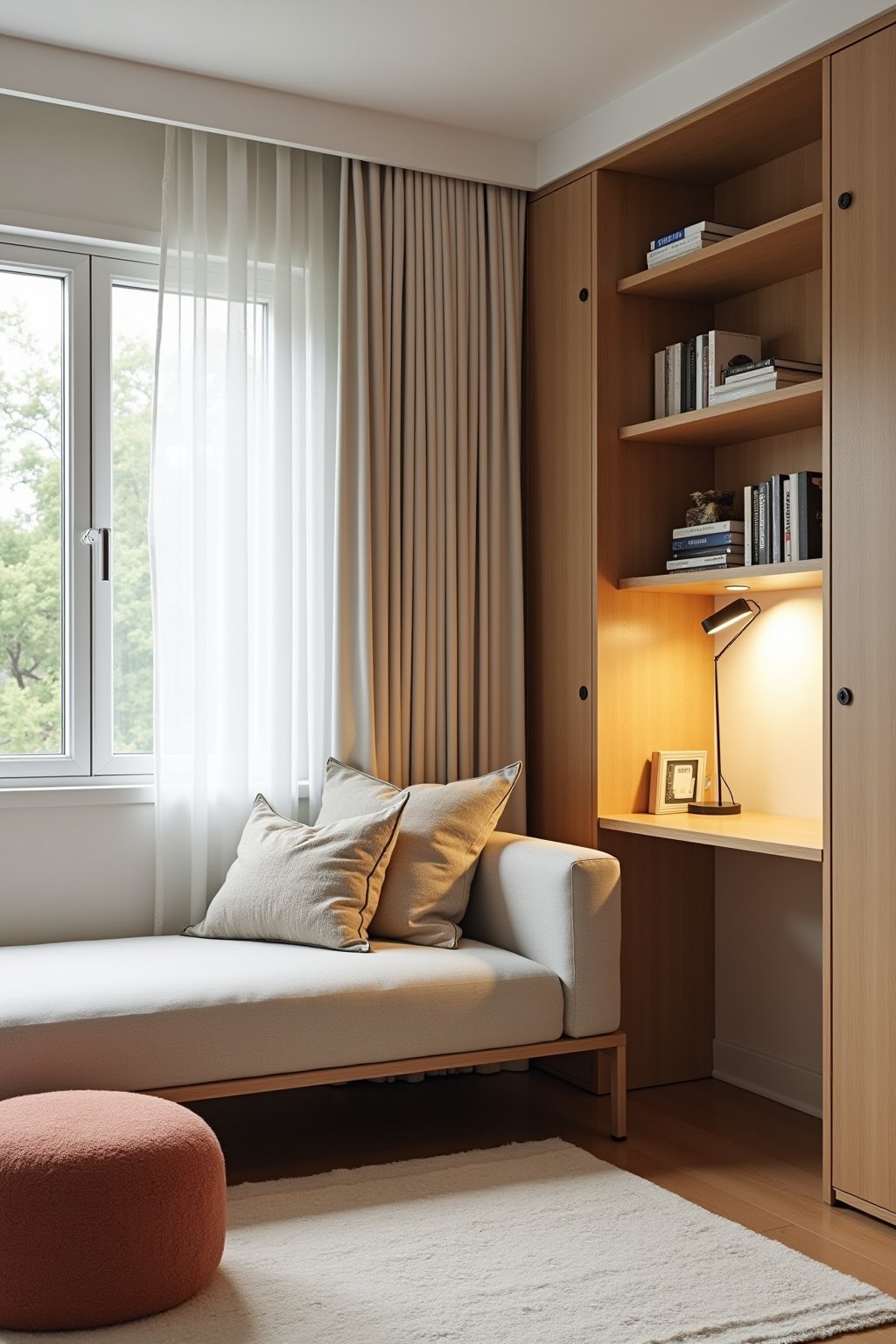 A bright multifunctional room with a stylish daybed with throw pillows looking like a sofa against one wall