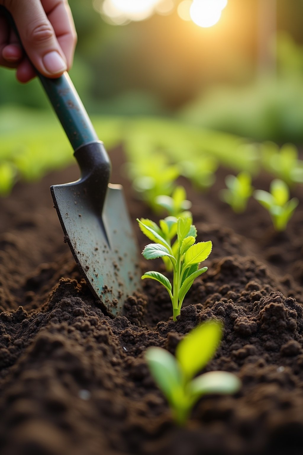 Close-up photograph of a gardener using a stirrup hoe to slice tiny weed seedlings just below the soil surface in a vegetable garden row, the hoe blade visible cutting through moist dark soil, tiny...