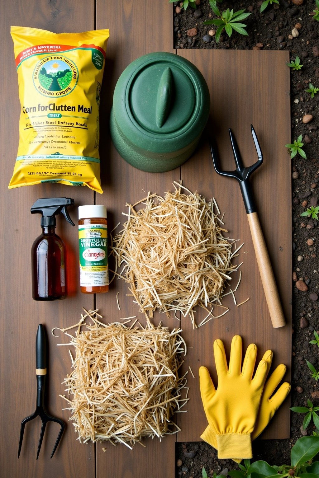 Overhead flat lay of natural weed control supplies arranged on a wooden surface: a bag of corn gluten meal, a bottle of horticultural vinegar, a spray bottle, thick straw mulch, cardboard sheets, a...