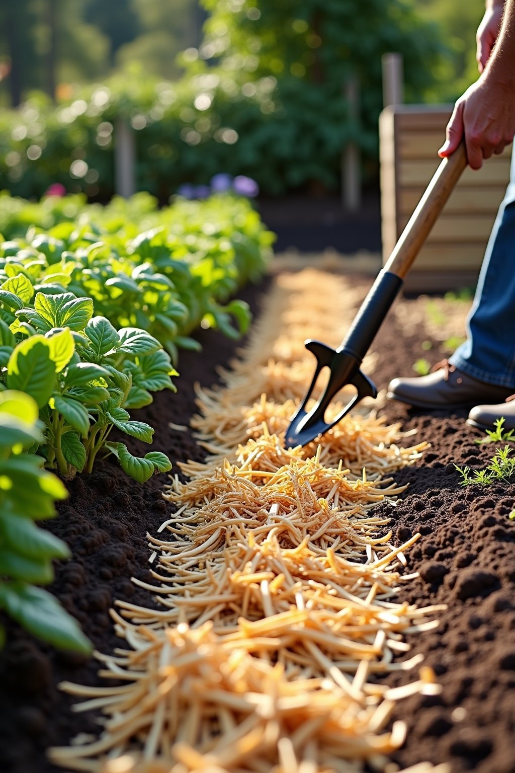 A beautiful mulched garden bed with thick straw mulch between rows of healthy vegetable plants, no weeds visible, a gardener's hands spreading fresh mulch around tomato plants, rich dark soil under...