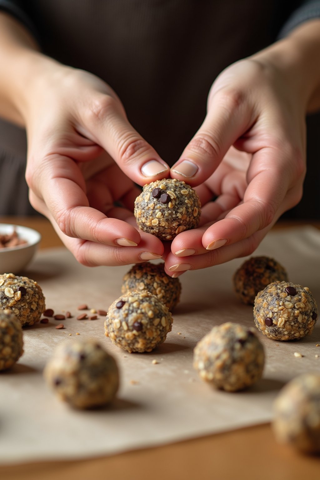 A close-up shot of hands rolling a chia seed energy ball mixture between palms, the sticky mixture visible with oats and chia seeds and chocolate chips, several finished round balls lined up on par...