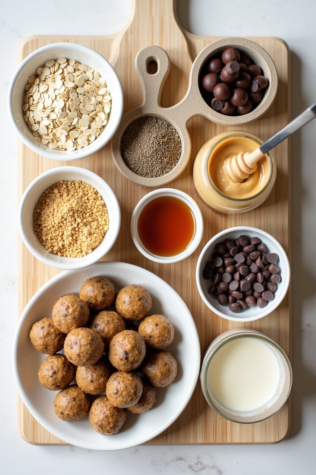 Overhead flat lay of no-bake chia seed energy ball ingredients arranged in small bowls on a wooden cutting board: rolled oats, chia seeds, creamy peanut butter in a jar, honey in a small pot, mini ...