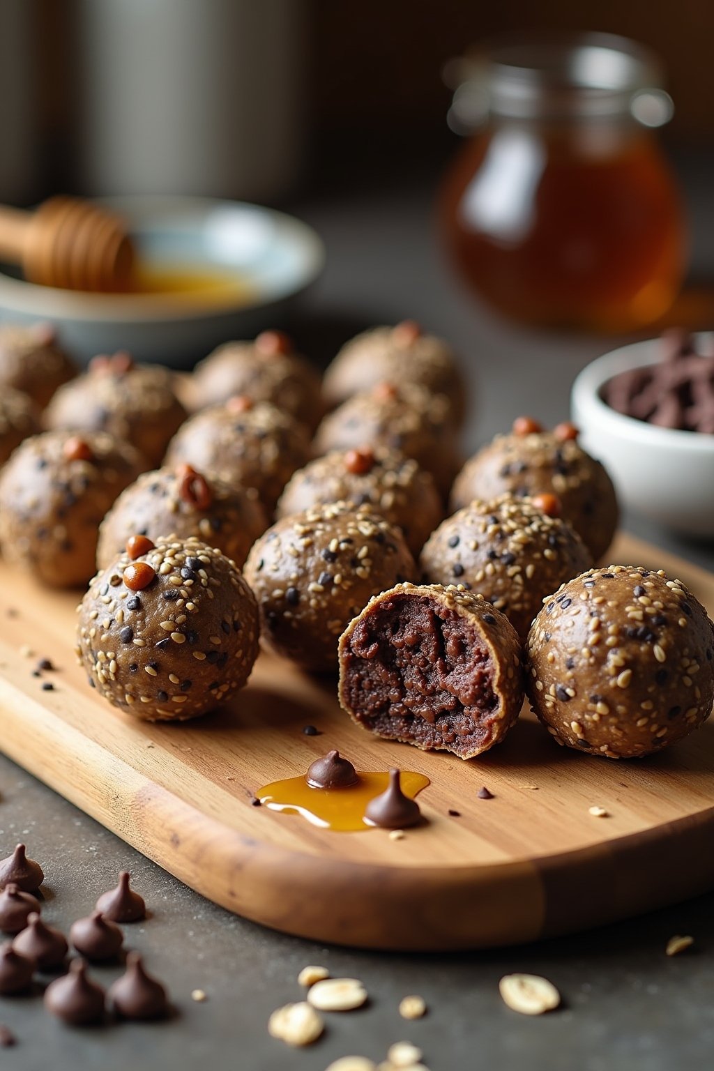 A wooden board with a neat arrangement of round no-bake chia seed energy balls, some showing visible chia seeds and oat flecks and mini chocolate chips on the surface, one ball broken in half showi...