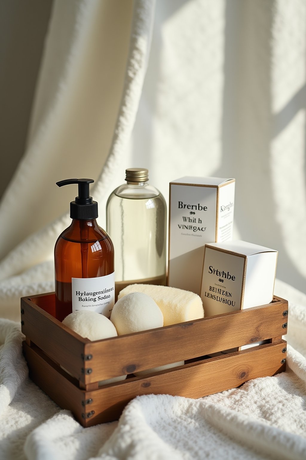 Close-up of natural cleaning ingredients arranged in a rustic wooden crate