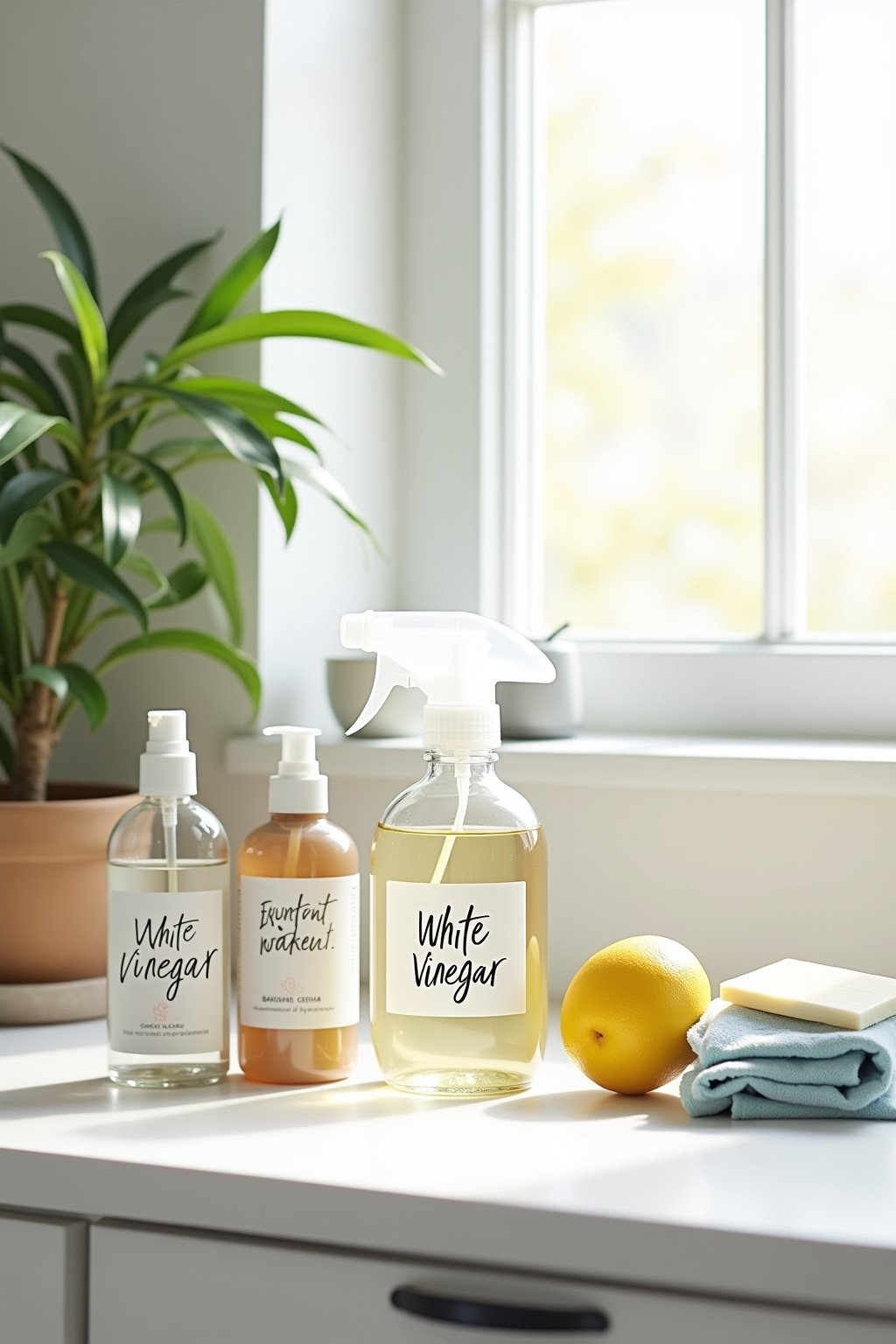 A bright minimalist kitchen counter displaying a curated collection of non-toxic cleaning supplies