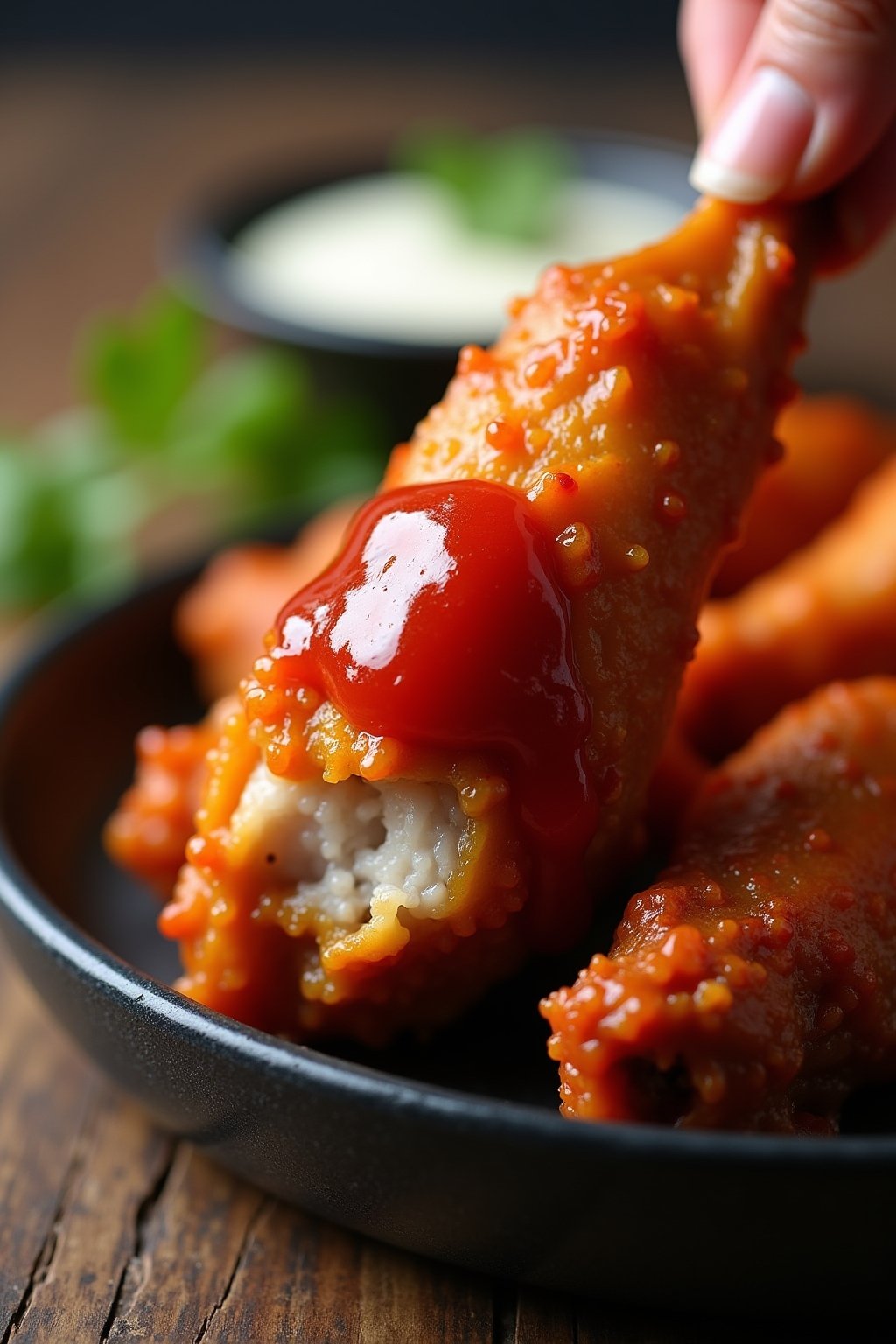 Macro of a single buffalo wing being pulled apart, glossy red sauce coating the crispy golden skin, juicy meat visible underneath, on a dark plate.