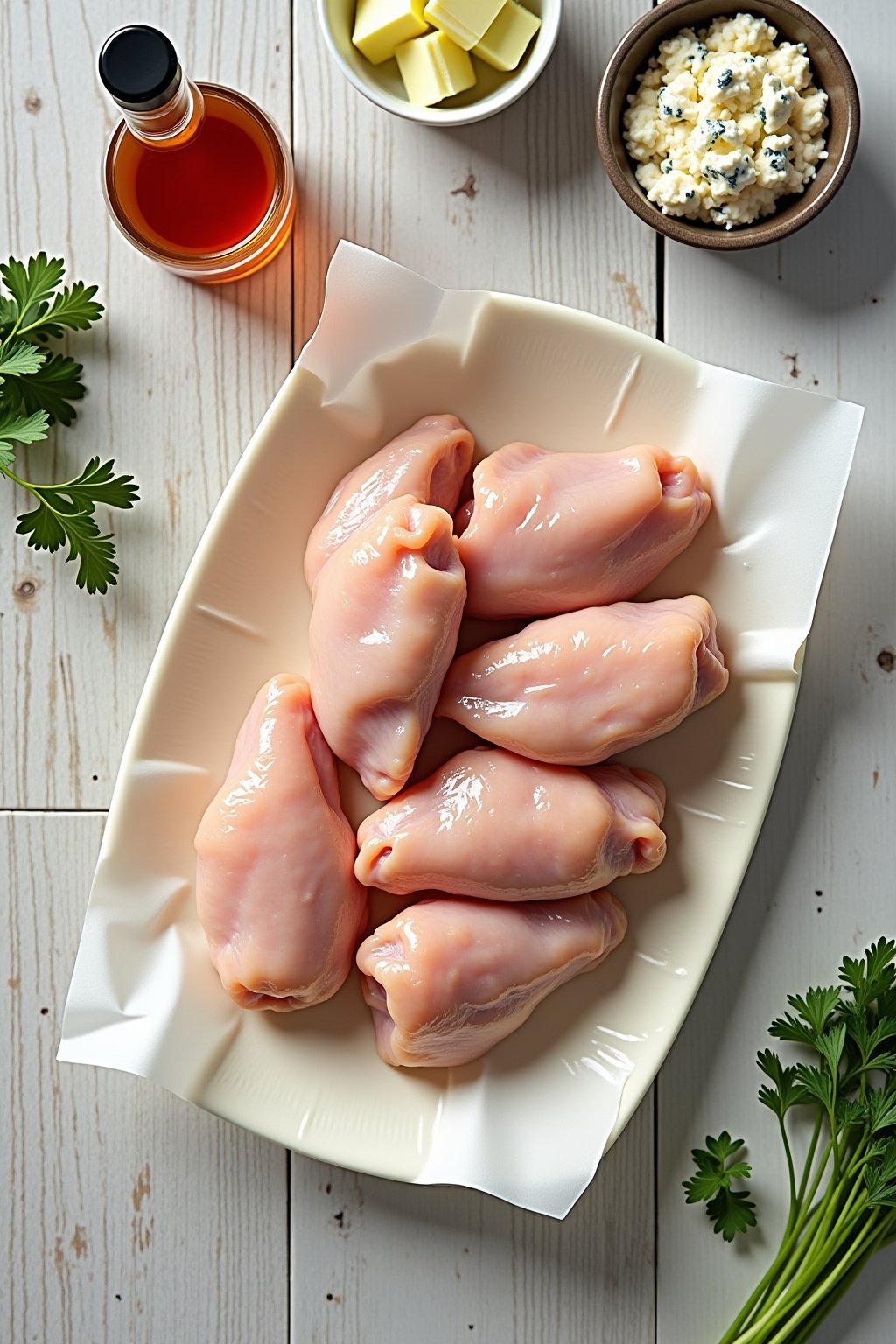 Overhead flat lay of chicken wing ingredients on a marble counter: raw flats and drumettes on parchment, a small jar of baking powder, hot sauce bottle, butter cubes, a stick of celery, blue cheese...