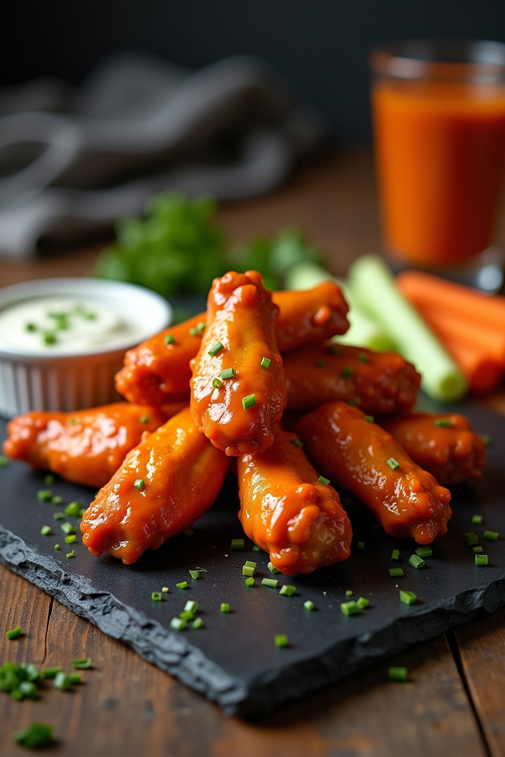 A pile of glossy buffalo-coated chicken wings on a slate platter, deep golden crispy skin visible under the orange-red sauce, blue cheese dip in a small ramekin, celery and carrot sticks beside, dr...