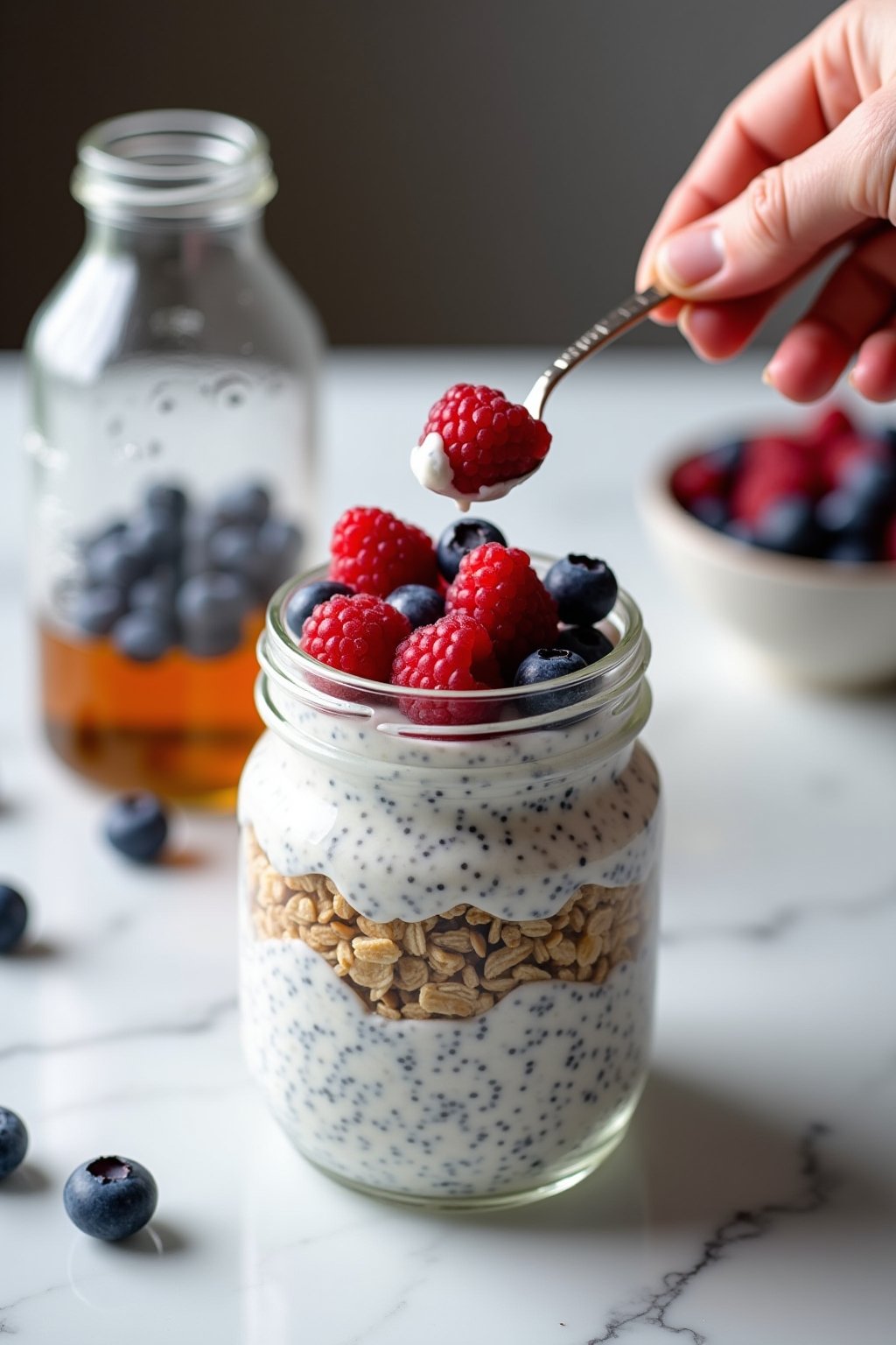 A close-up of a single glass jar of mixed berry chia pudding parfait being assembled, a hand spooning fresh raspberries and blueberries onto a thick layer of creamy white chia pudding, granola visi...