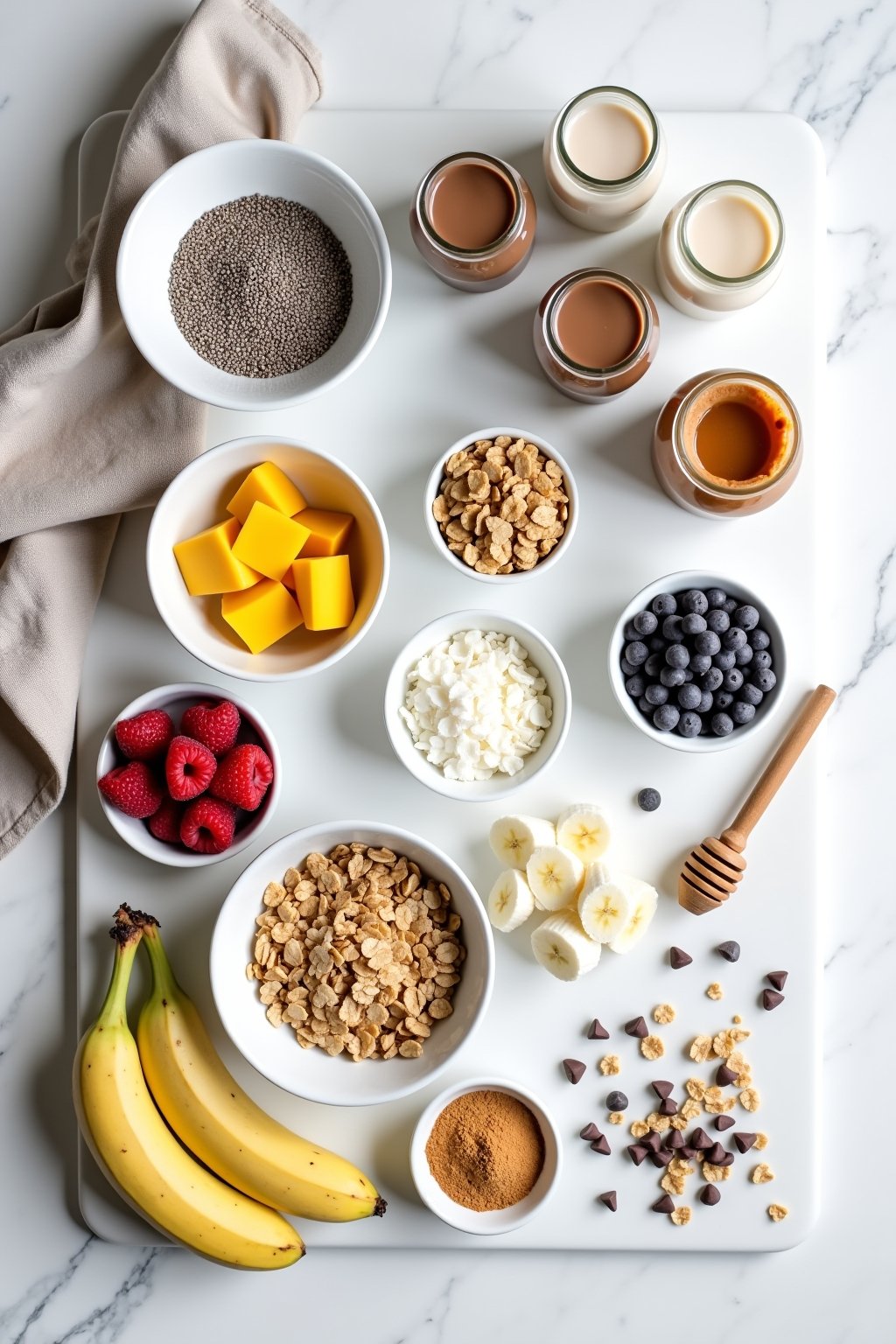 Overhead flat lay of chia pudding meal prep ingredients arranged neatly: a bowl of dry chia seeds, three small jars of different milks (coconut, oat, almond), fresh mango cubes, mixed berries in a ...