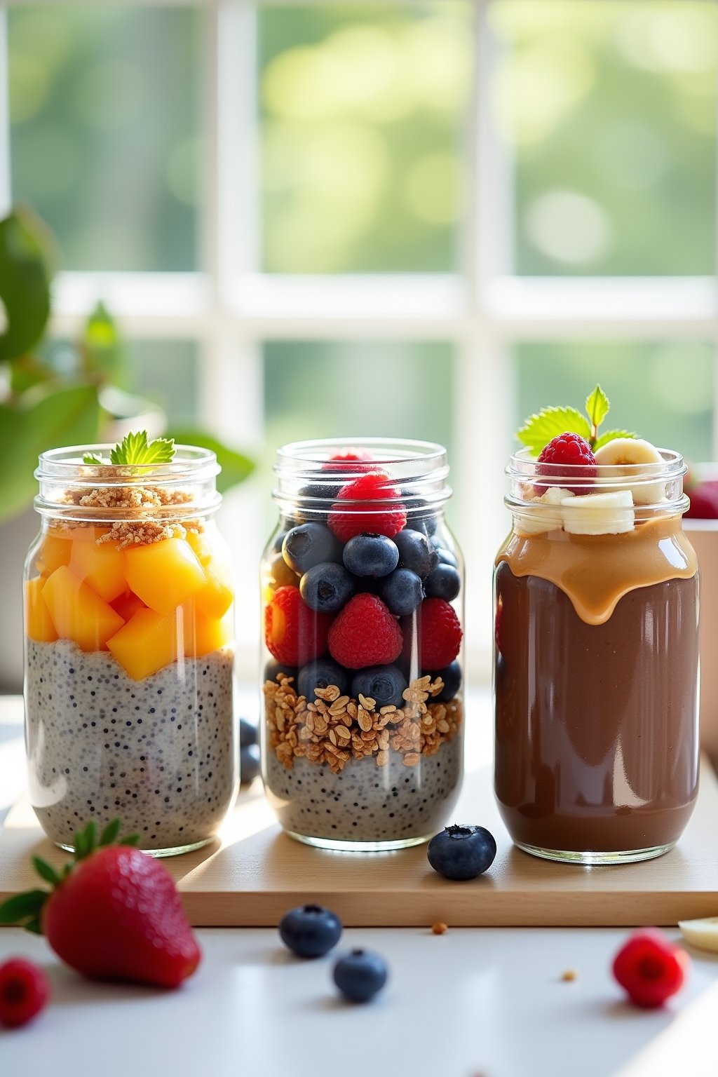 Three beautiful glass jars of chia pudding parfait arranged in a row on a light wooden surface, left jar has mango coconut with bright orange mango chunks and toasted coconut flakes, middle jar has...