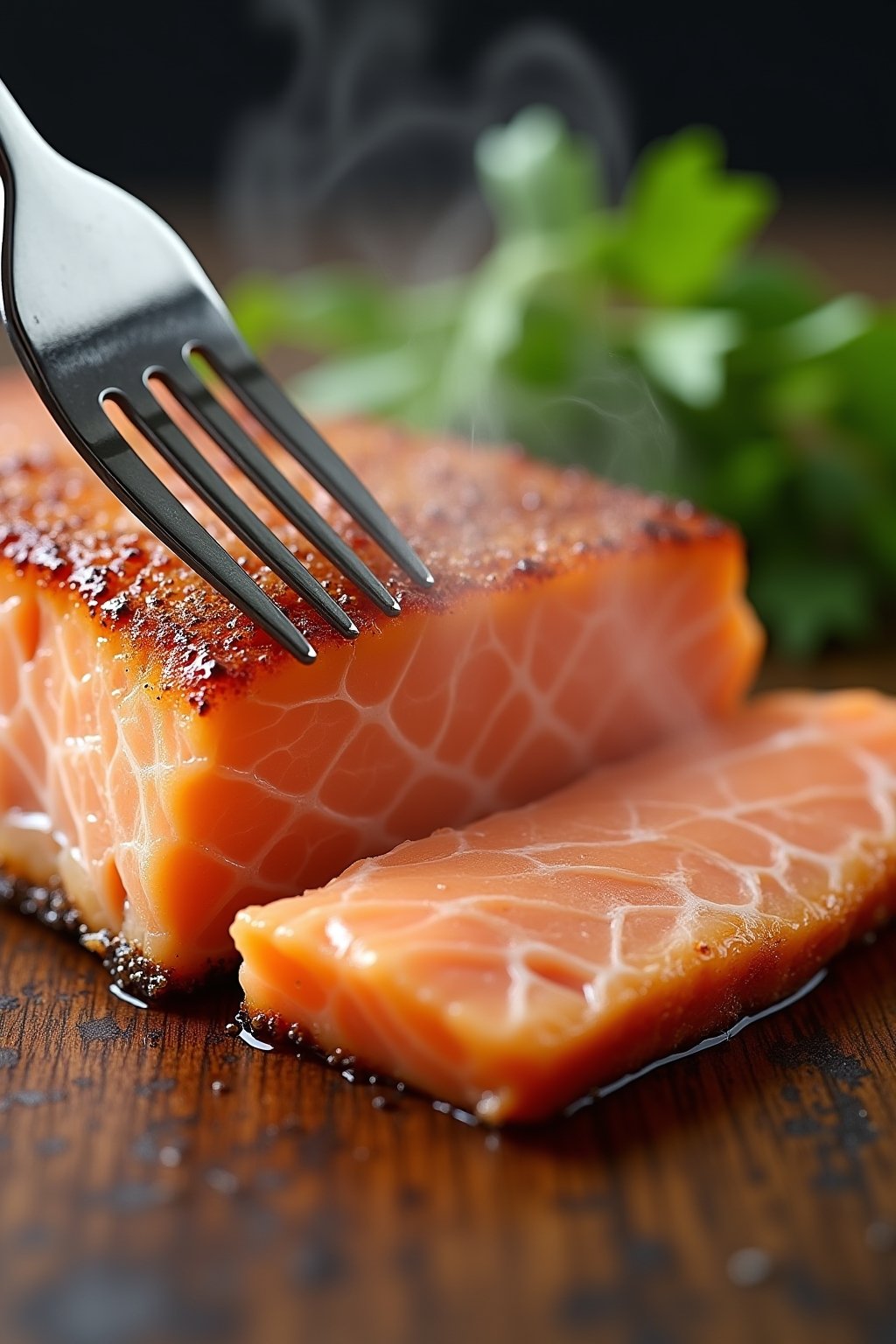 Extreme of a fork pressing into the crispy golden skin of an air-fried salmon fillet, the skin shattering and the pink flesh underneath flaking apart, dramatic showing texture and steam.
