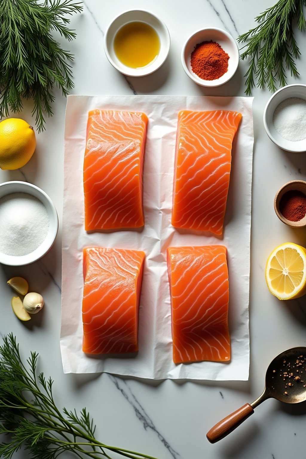 Overhead flat lay of salmon fillet ingredients on a marble counter: four raw salmon fillets skin-side up on parchment, small bowls of salt, smoked paprika, garlic powder, olive oil in a glass cruet...