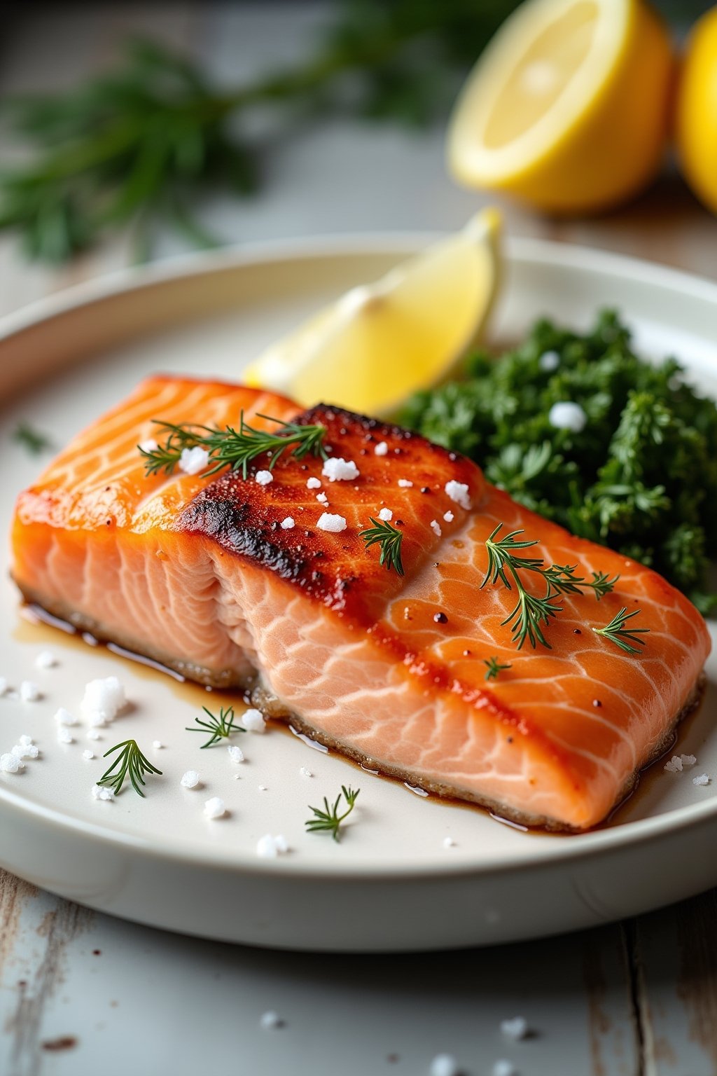 A perfectly cooked salmon fillet on a white ceramic plate, deeply golden crispy skin facing up, the flesh visible at the side showing pink medium-rare interior, garnished with fresh dill, lemon wed...