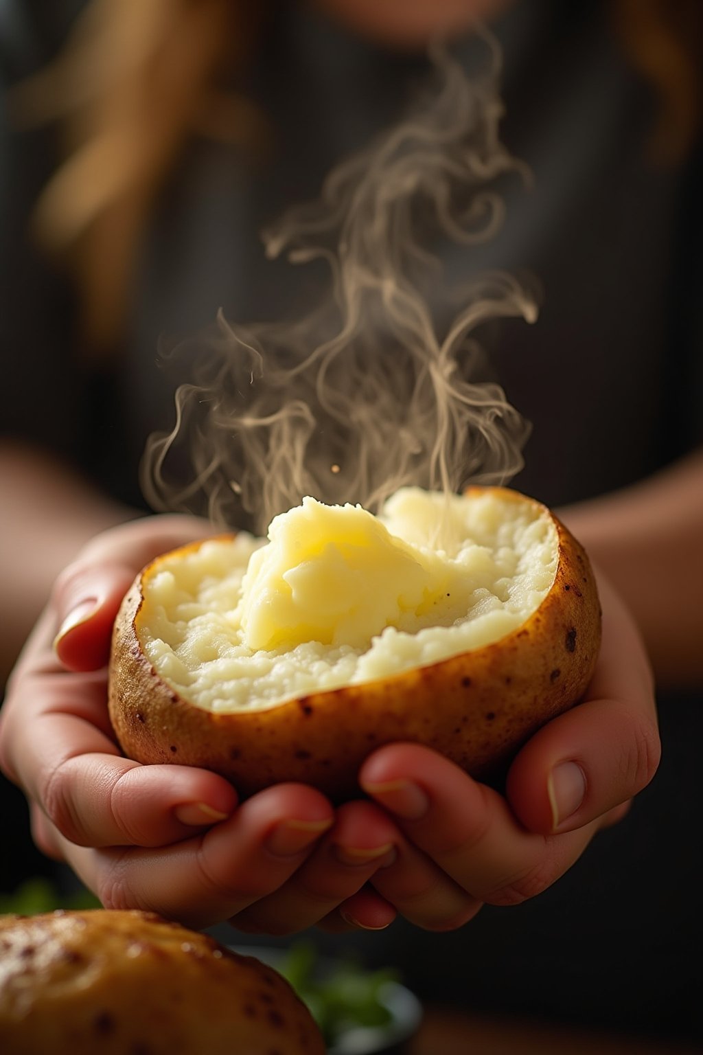 Close-up of hands squeezing open a hot baked potato, fluffy white potato interior bursting out with steam rising, crispy salt-crusted golden skin visible, a pat of butter melting on top, warm drama...