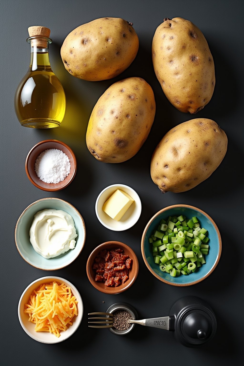Overhead flat lay of baked potato ingredients and toppings: four large russet potatoes, a small bottle of olive oil, a bowl of coarse kosher salt, a pat of butter on a small plate, sour cream in a ...