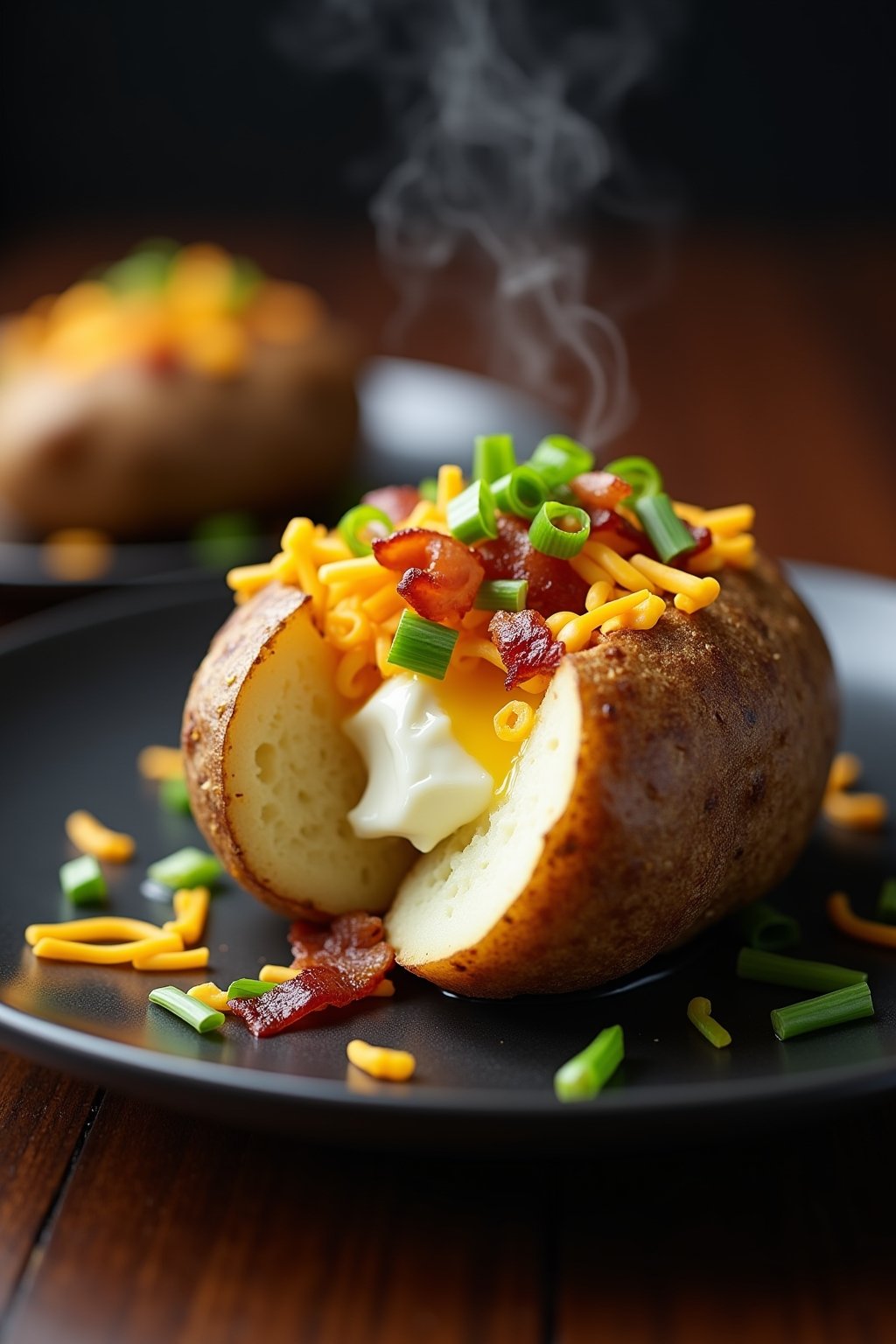 A perfectly baked russet potato split open on a dark plate, the fluffy white interior visible and steam rising, loaded with a pat of melting butter, a dollop of white sour cream, shredded cheddar c...
