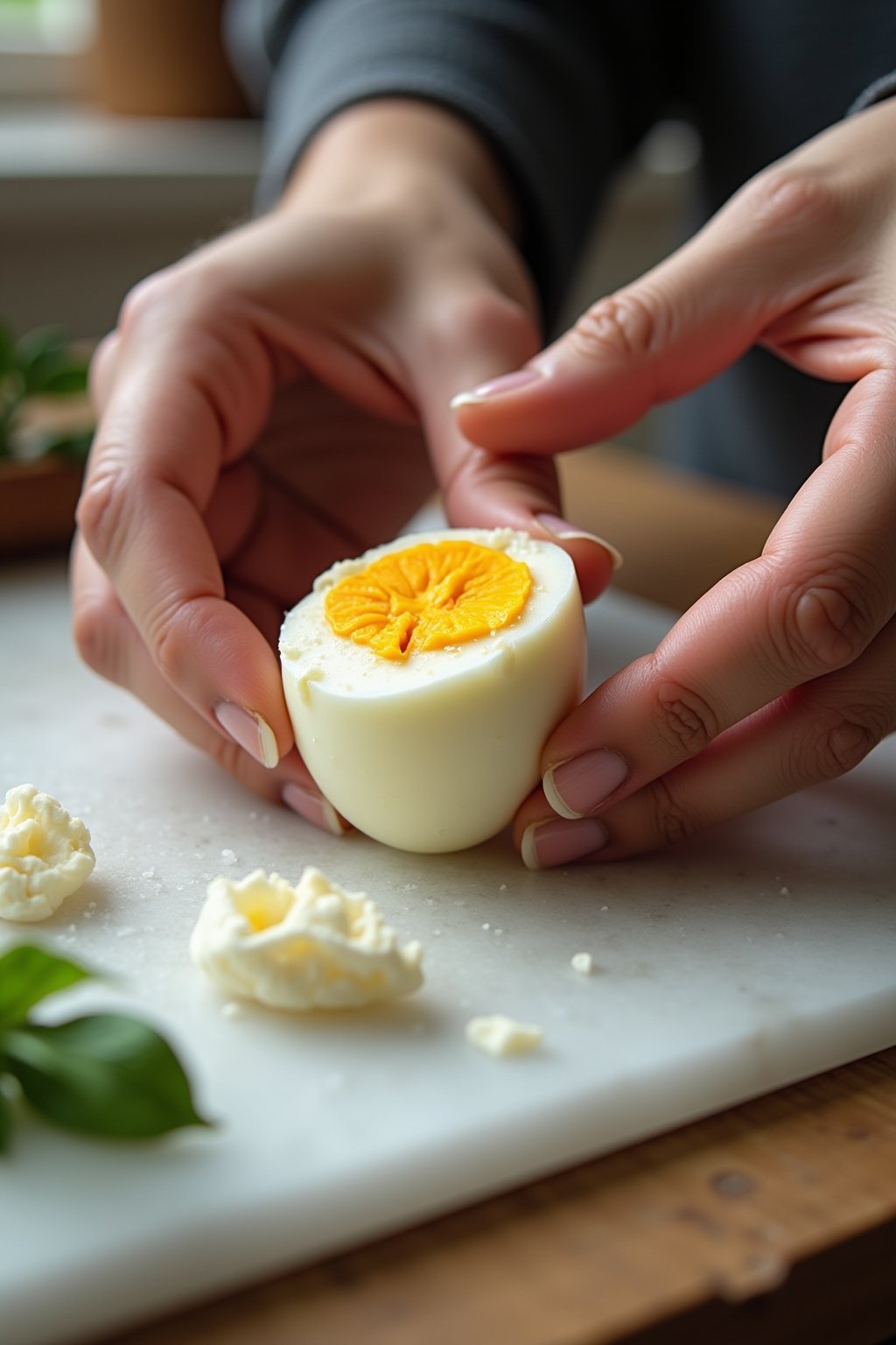 Close-up of two hands gently rolling a hard-boiled egg on a marble counter, the shell visibly cracked all over but still attached, water droplets and a few peeled shell fragments beside it.