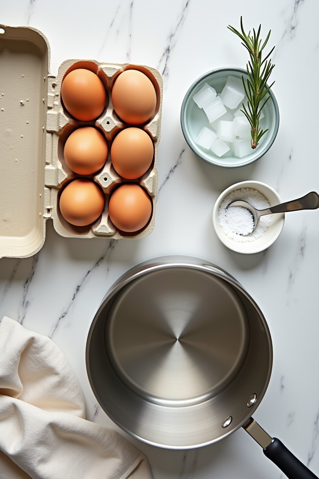 Overhead flat lay of egg-cooking setup: a saucepan with eggs in boiling water, an ice bath in a glass bowl beside it, a slotted spoon on a kitchen towel, raw eggs in an open carton, all on a marble...