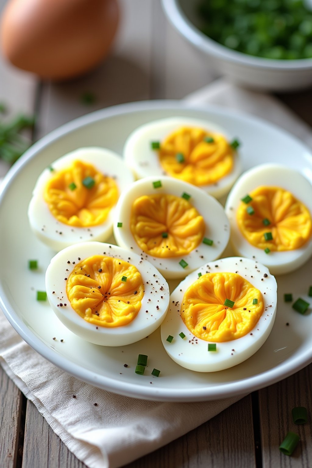 Six perfectly peeled hard-boiled eggs on a white ceramic plate, one cut in half showing a creamy bright yellow yolk and pure white, sprinkled with flaky salt and black pepper, on a soft linen napki...
