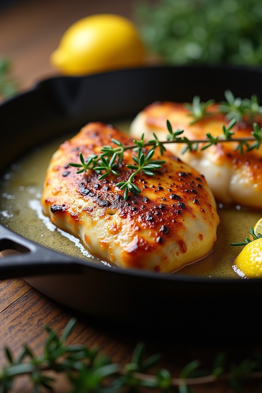 Close-up of a chicken breast searing in a cast iron skillet, deep golden crust, butter foaming around it with thyme sprigs and lemon halves caramelizing, dramatic action shot.