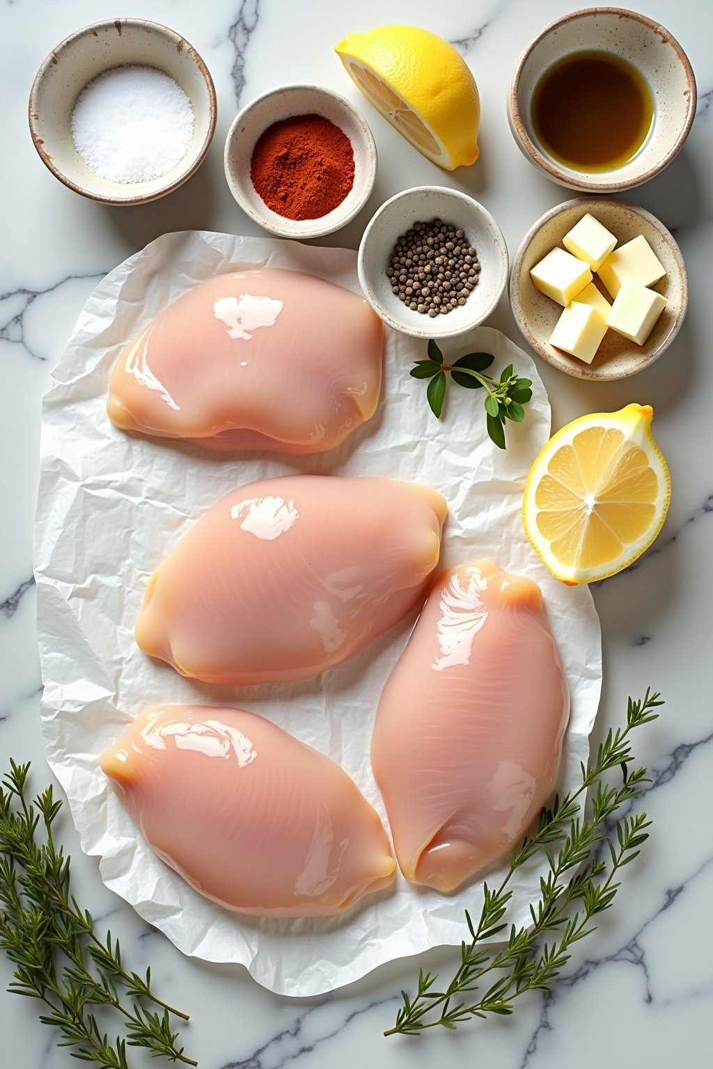 Overhead flat lay of chicken breast prep on a marble counter: four raw chicken breasts on parchment, small bowls of salt, smoked paprika, garlic powder, black pepper, fresh thyme sprigs, a halved l...