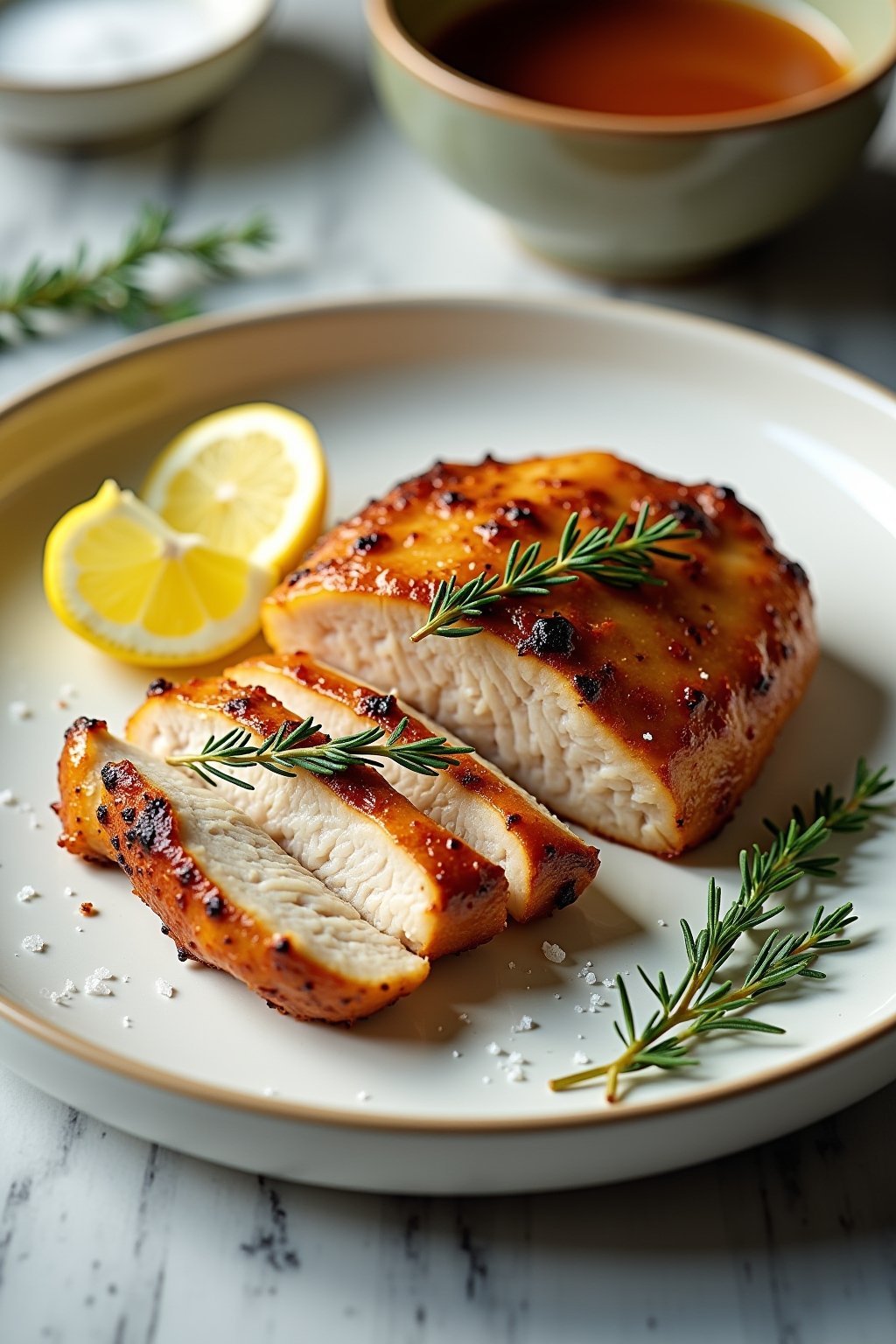 A perfectly seared chicken breast on a white plate, deep golden brown crust visible, sliced to show juicy white interior, garnished with fresh thyme sprigs, lemon halves, and flaky salt, on a marbl...