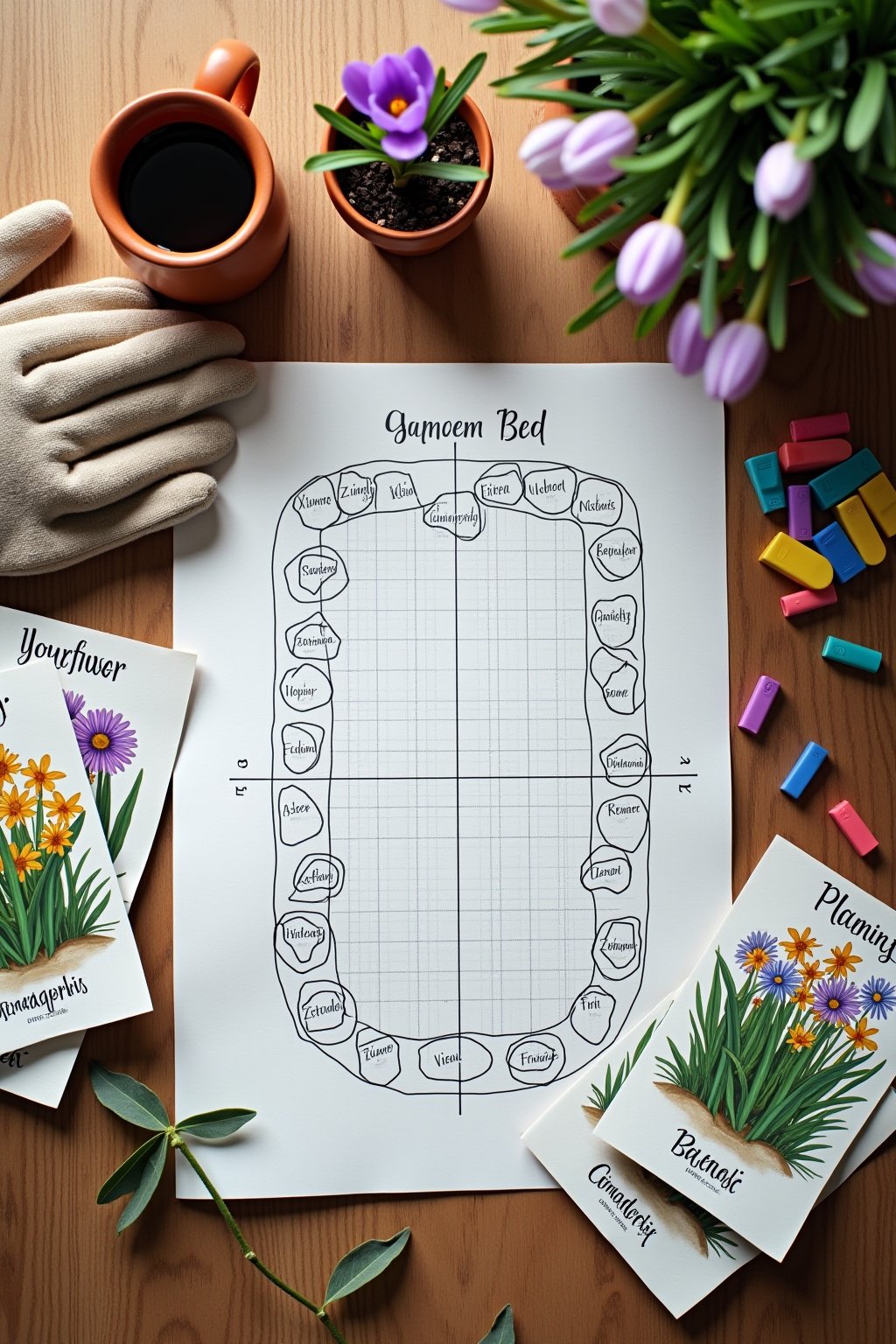 Overhead flat lay of a garden planning session on a rustic wooden table: graph paper with a hand-drawn flower bed layout showing circles labeled with plant names, seed packets scattered around incl...