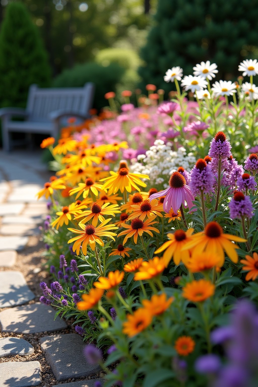 A gorgeous summer flower bed at peak bloom with continuous color: purple coneflower, bright yellow black-eyed Susan, pink bee balm, orange daylilies, and white Shasta daisies all blooming together ...