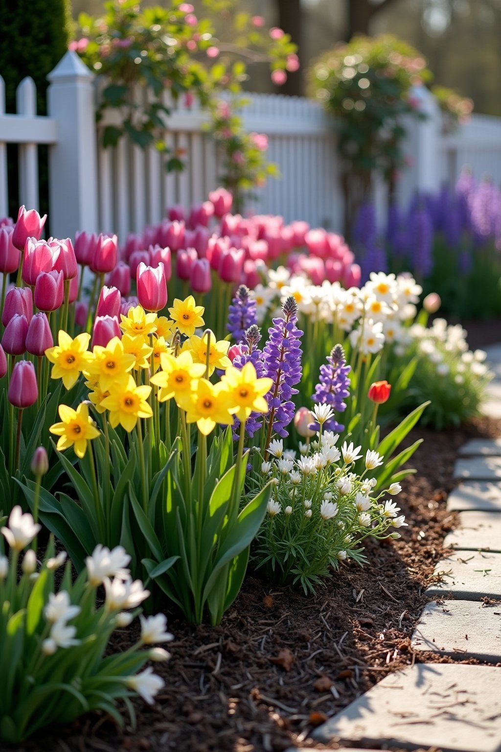 A stunning spring flower bed in full bloom with layered heights, purple tulips and yellow daffodils in the front, pink bleeding heart and white columbine in the middle, tall purple delphiniums in t...