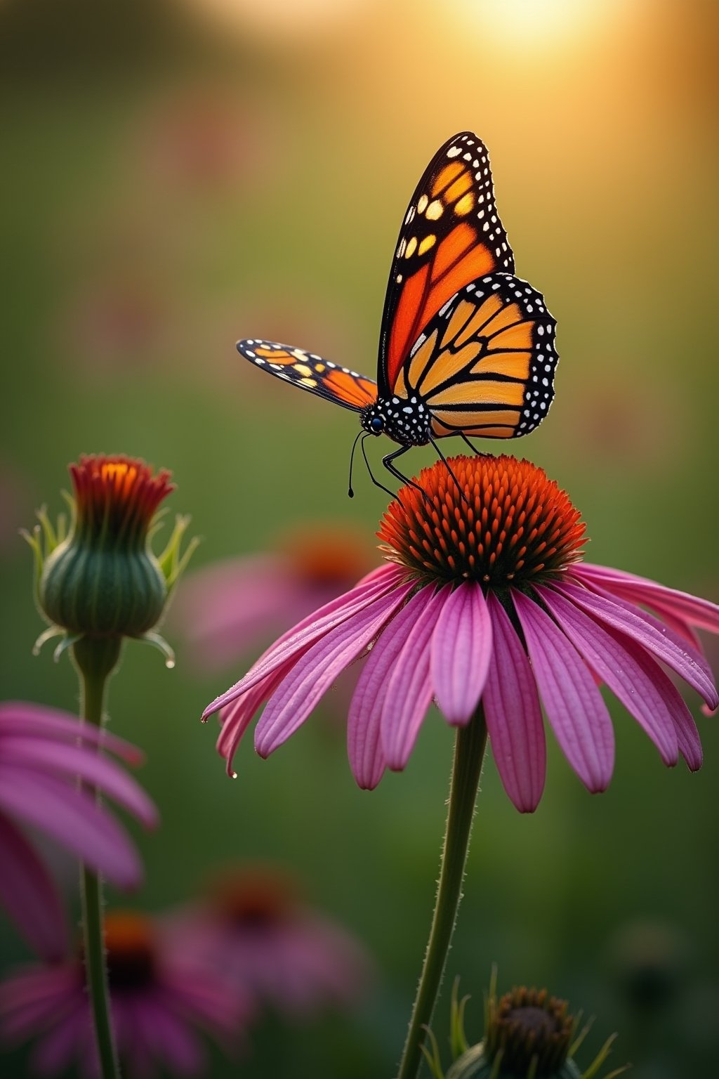 Close-up macro shot of a monarch butterfly with wings spread open perched on a bright purple coneflower, detailed wing pattern visible with orange and black markings, green milkweed plants with pin...