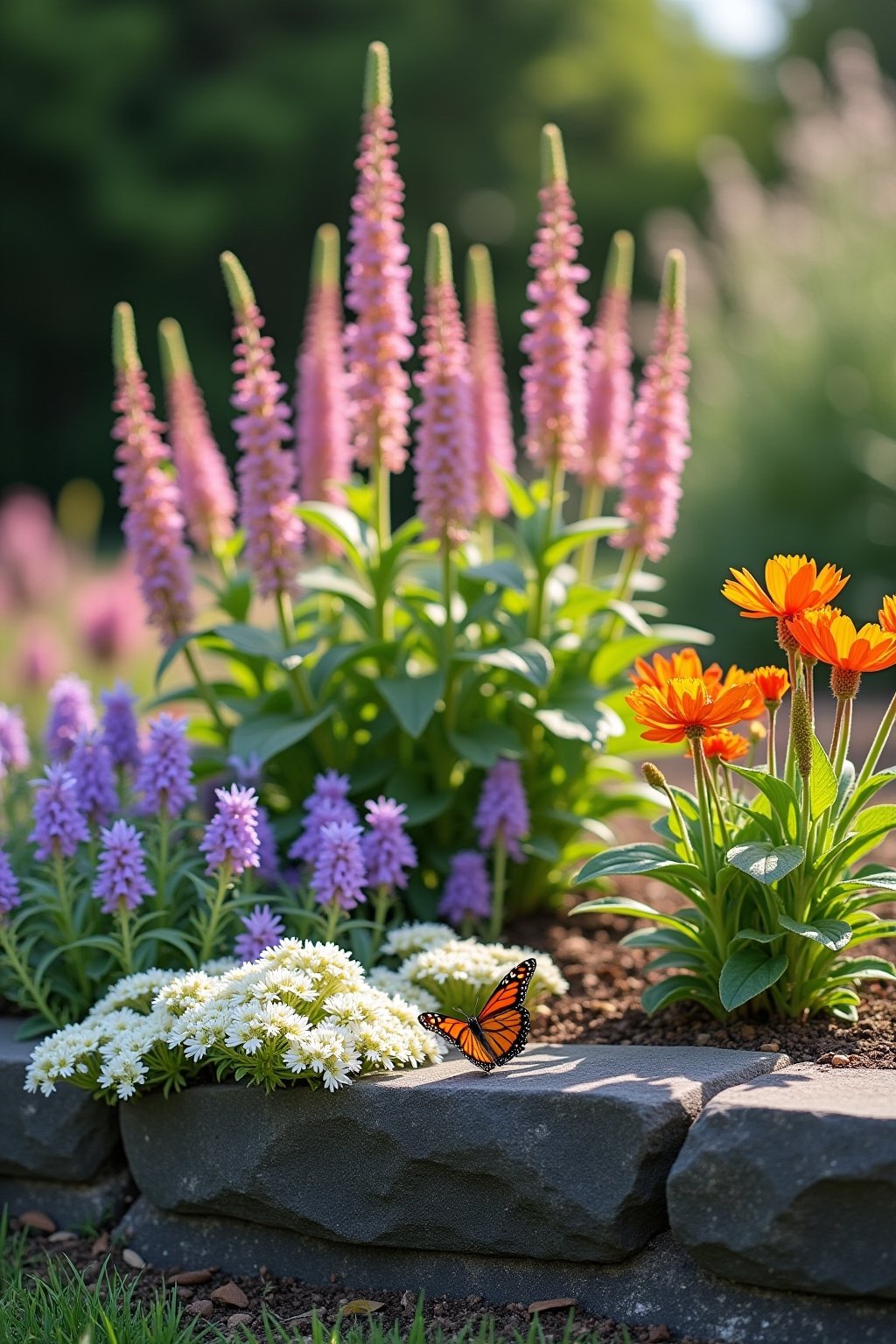 A beautiful garden border with layered butterfly-attracting flowers: tall Joe Pye weed with dusty pink blooms in back, purple bee balm and orange butterfly weed milkweed in middle, low white alyssu...