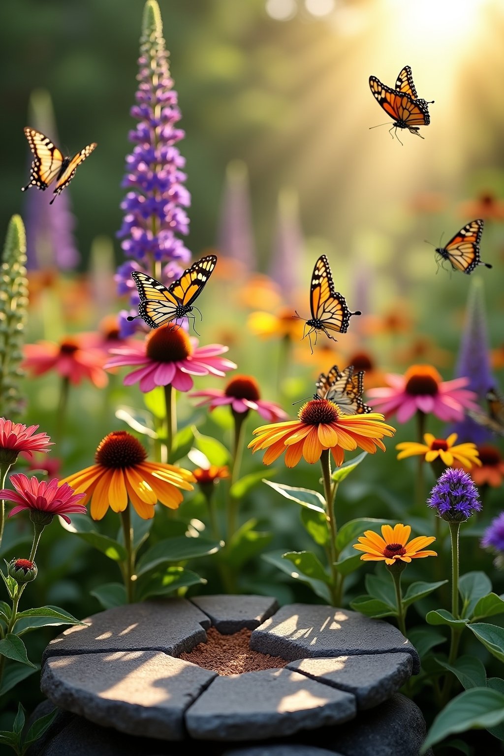 A stunning butterfly garden in full bloom with monarch butterflies and swallowtails landing on purple coneflowers and bright orange milkweed blooms, clusters of pink zinnias and yellow black-eyed S...